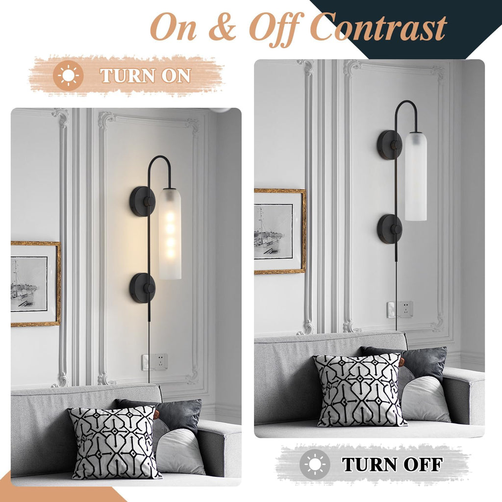 Black Wall Lights Plug in for Bedroom, Frosted Milky White Glass Wall Sconce Decor, Large Modern Wall Sconces for Living Room