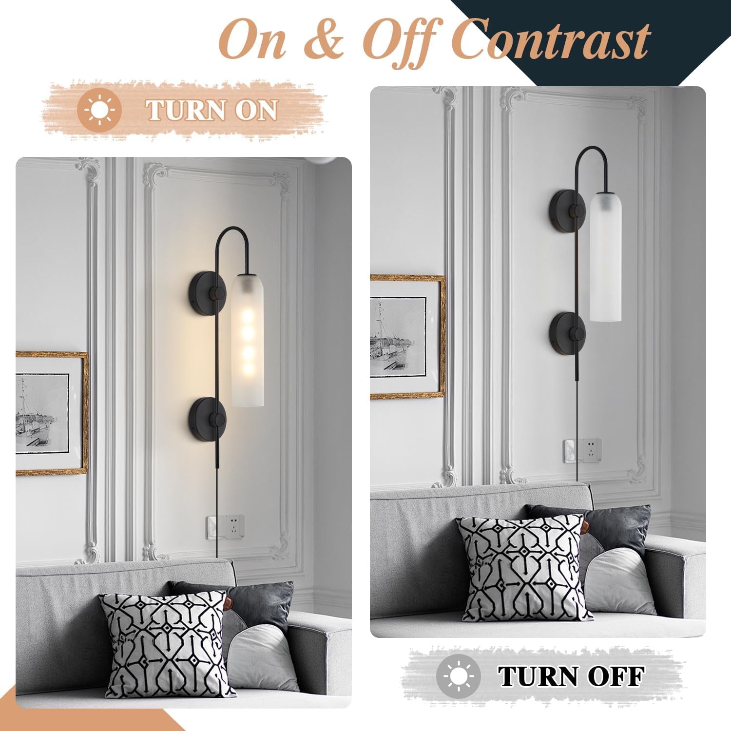 Black Wall Lights Plug in for Bedroom, Frosted Milky White Glass Wall Sconce Decor, Large Modern Wall Sconces for Living Room