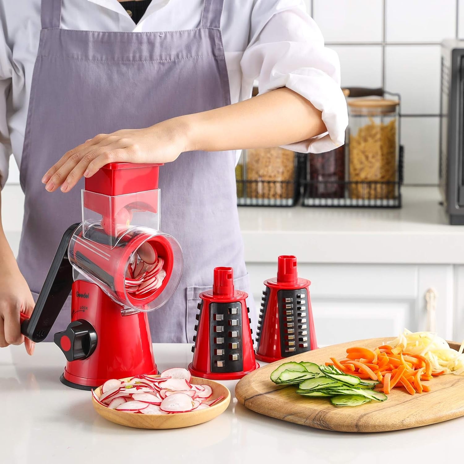 Rotary Mandoline Slicer, 3-In-1 Vegetable and Cheese Grater, Red, ABS Material, Easy to Clean and Store