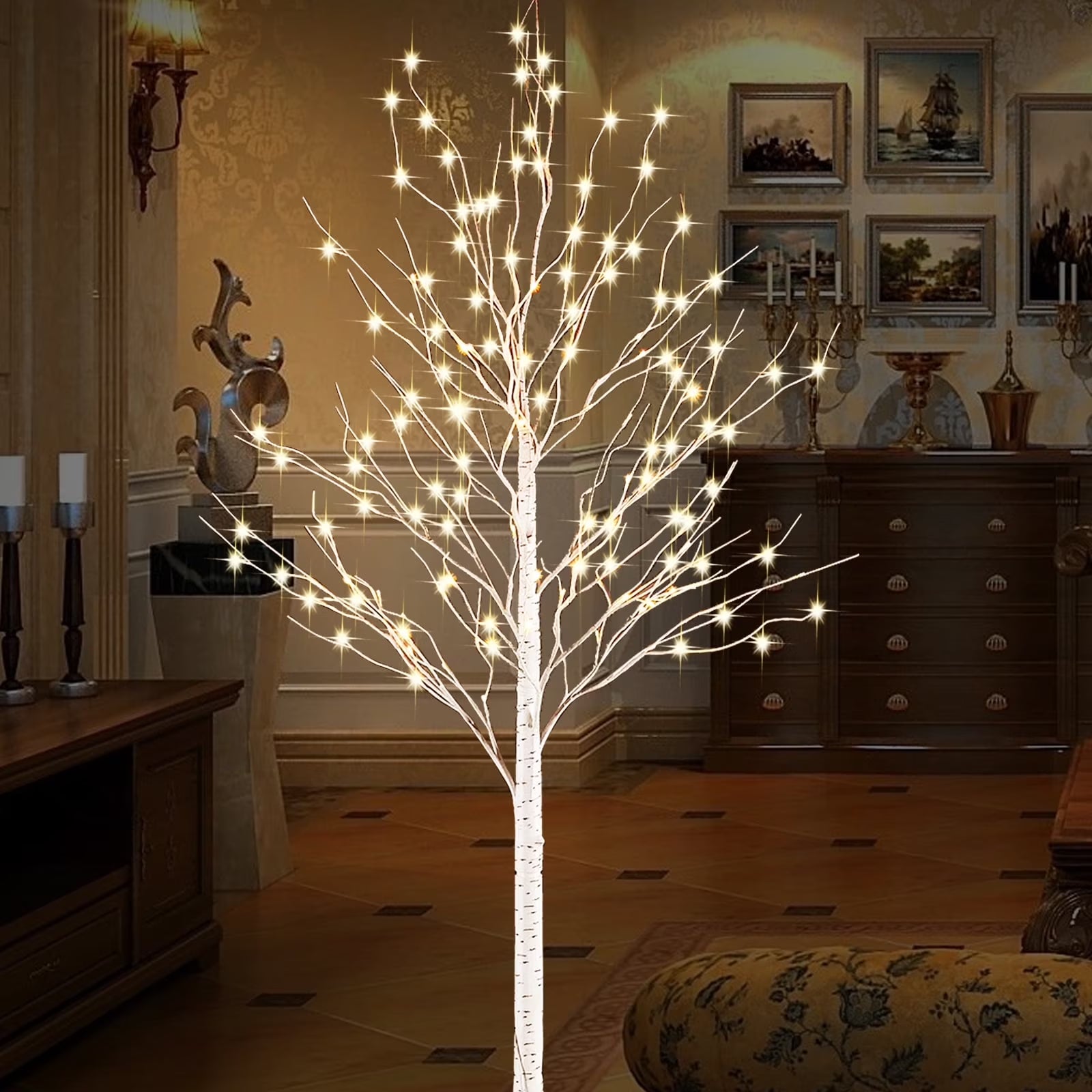 6FT Warm White Lighted Birch Tree Lights, 440LED Colors Changing Light up Artificial Treewarm White LED Tree Lights Branches for Christmas Home Garden Indoor Outdoor Décor