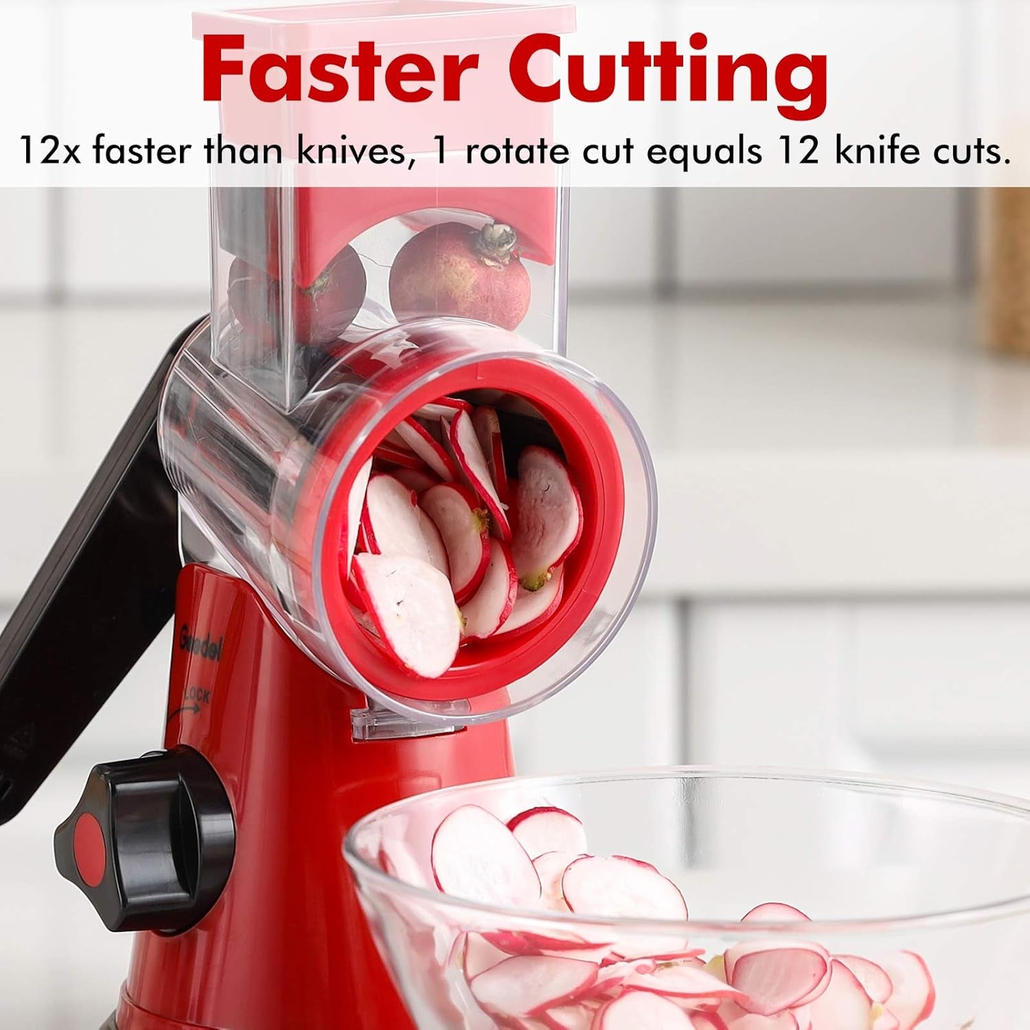 Rotary Mandoline Slicer, 3-In-1 Vegetable and Cheese Grater, Red, ABS Material, Easy to Clean and Store