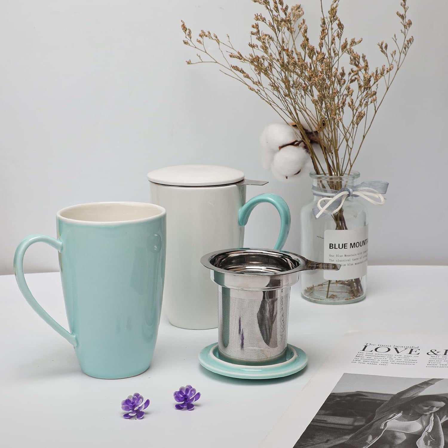 Porcelain Tea Mug with Infuser and Lid, 16 Ounce Ceramic Tea Cup for Loose Leaf, Coffee, Cocoa and Milk, Tea Gift for Tea Lovers, Set of 2(Green and White)