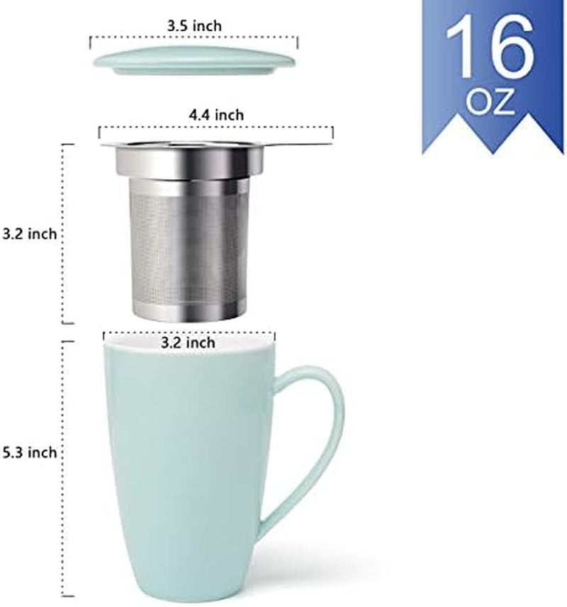 Porcelain Tea Mug with Infuser and Lid, 16 Ounce Ceramic Tea Cup for Loose Leaf, Coffee, Cocoa and Milk, Tea Gift for Tea Lovers, Set of 2(Green and White)