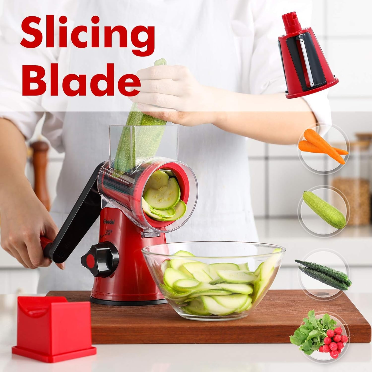 Rotary Mandoline Slicer, 3-In-1 Vegetable and Cheese Grater, Red, ABS Material, Easy to Clean and Store