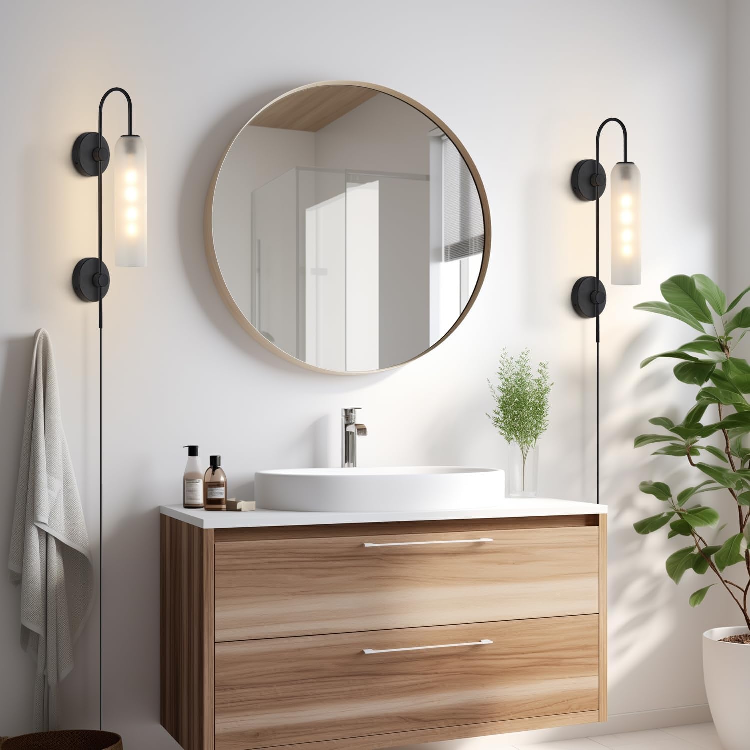 Black Wall Lights Plug in for Bedroom, Frosted Milky White Glass Wall Sconce Decor, Large Modern Wall Sconces for Living Room
