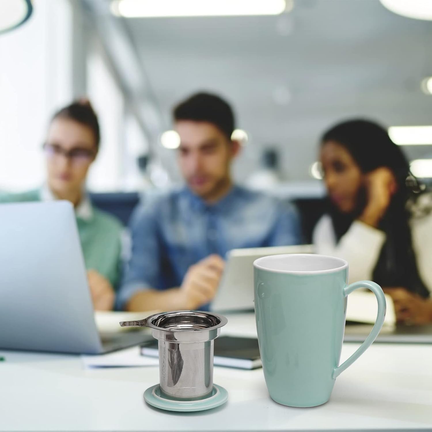 Porcelain Tea Mug with Infuser and Lid, 16 Ounce Ceramic Tea Cup for Loose Leaf, Coffee, Cocoa and Milk, Tea Gift for Tea Lovers, Set of 2(Green and White)