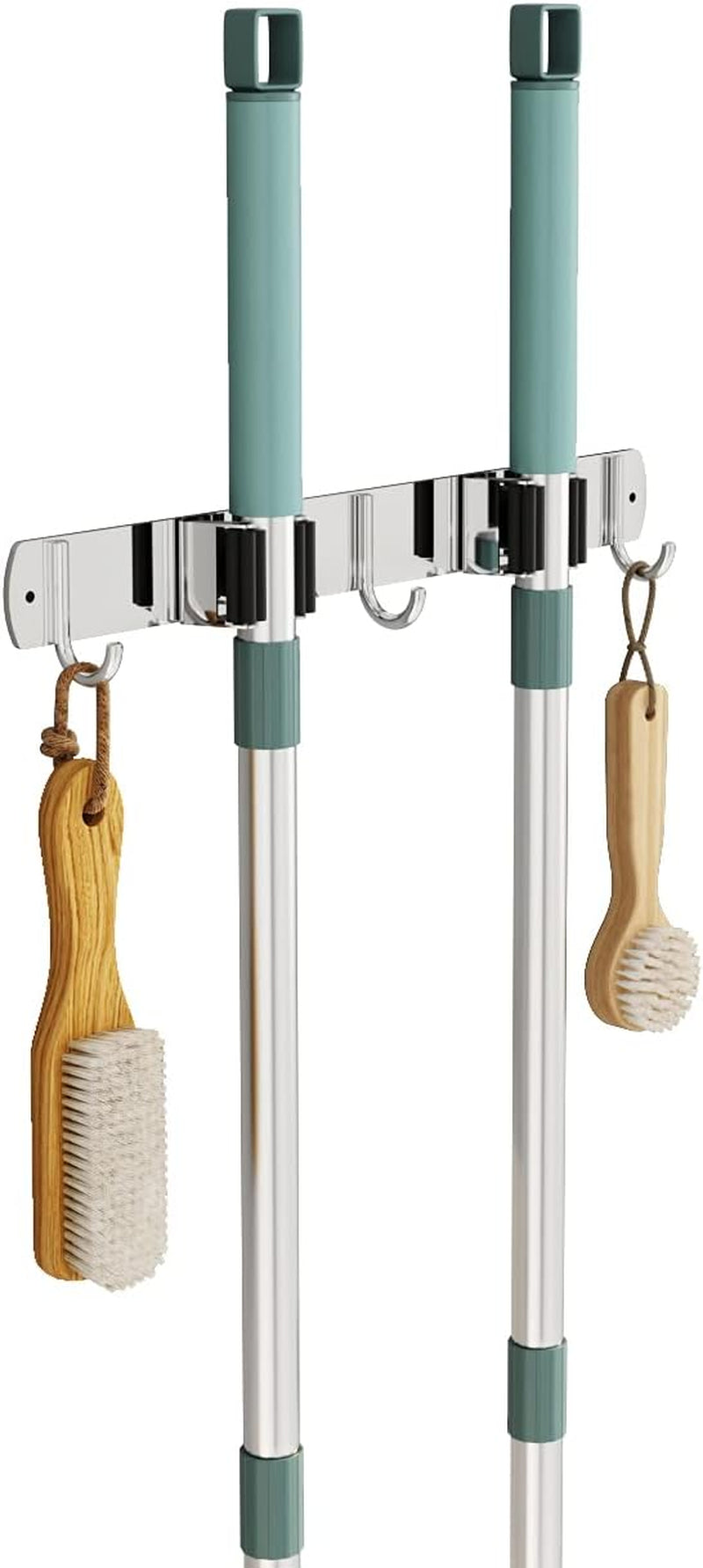 Mop Broom Holder Wall Mounted, Heavy Duty Broom Holder Garage Organization Stainless Steel Broom Hanger Wall Mounted, Broom Rack Wall Mount for Kitchen, Corridor, Laundry, Bathroom (2 Racks, 3 Hooks)