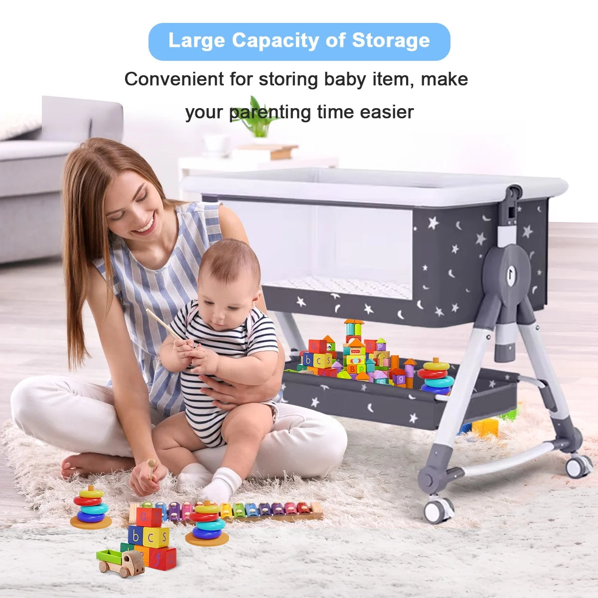 4-In-1 Bedside Bassinet, Adjustable Height, Black with Storage Basket