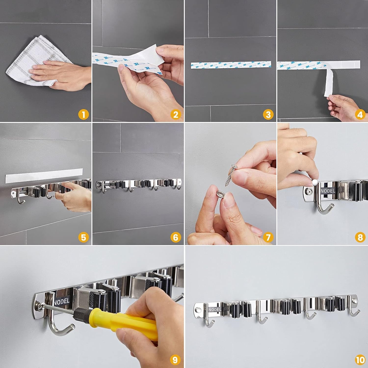 Mop Broom Holder Wall Mounted, Heavy Duty Broom Holder Garage Organization Stainless Steel Broom Hanger Wall Mounted, Broom Rack Wall Mount for Kitchen, Corridor, Laundry, Bathroom (2 Racks, 3 Hooks)