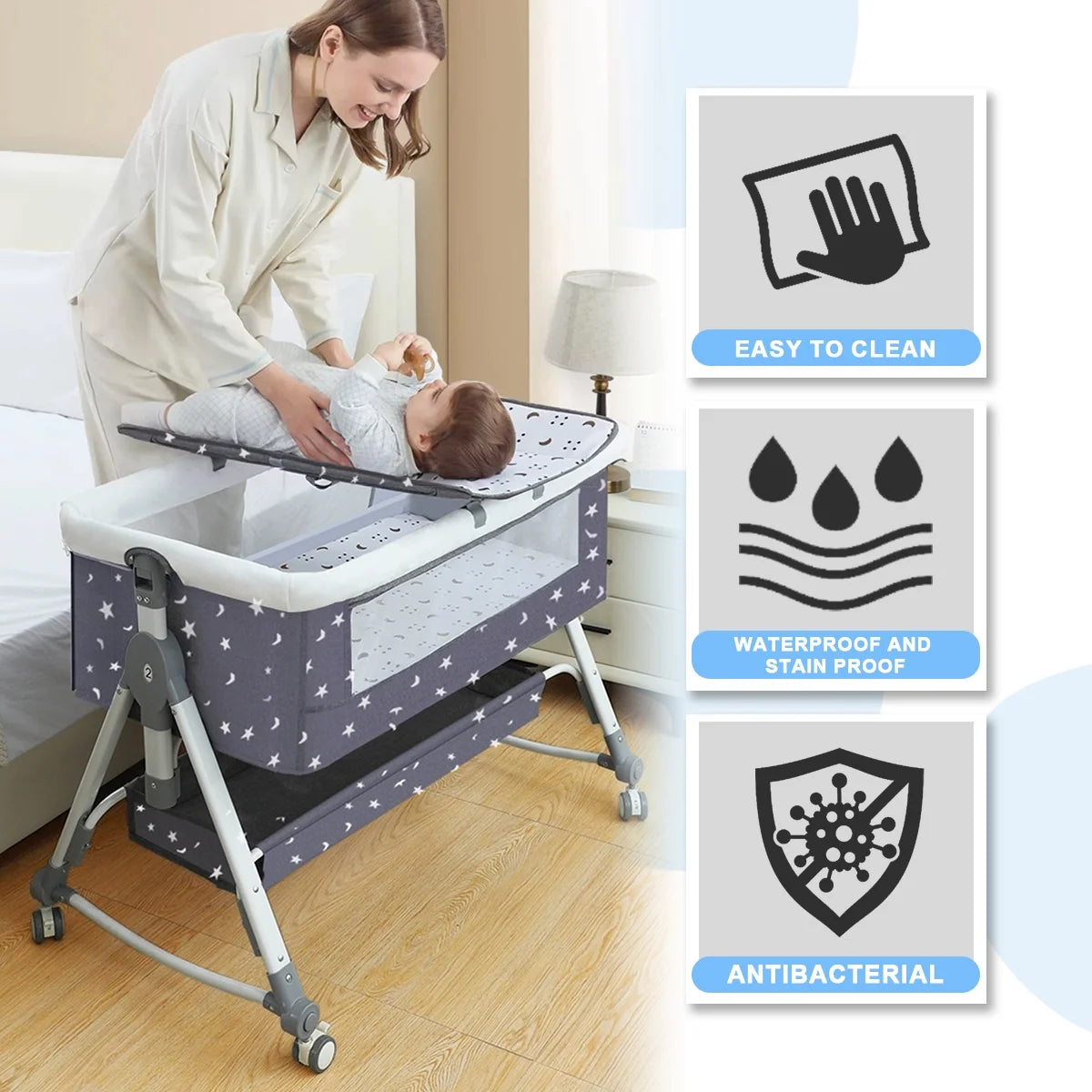 4-In-1 Bedside Bassinet, Adjustable Height, Black with Storage Basket