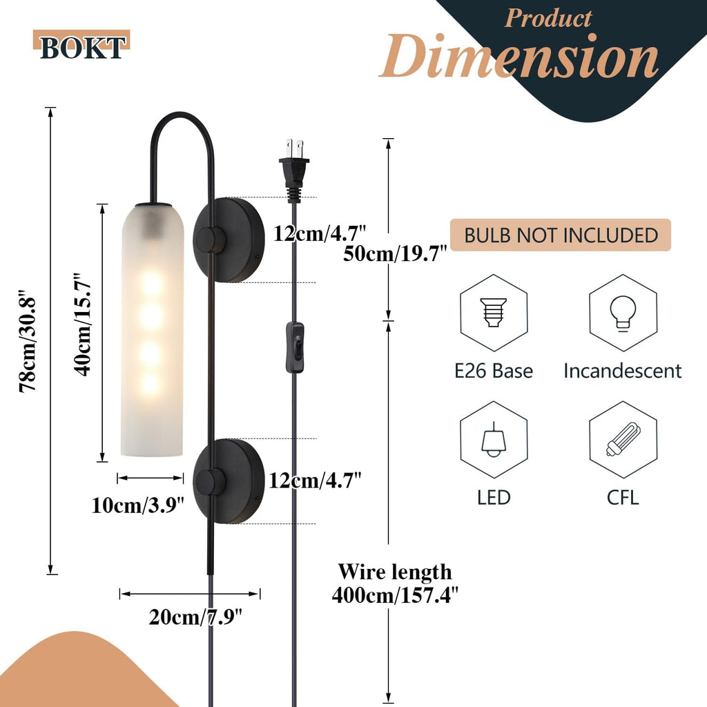 Black Wall Lights Plug in for Bedroom, Frosted Milky White Glass Wall Sconce Decor, Large Modern Wall Sconces for Living Room