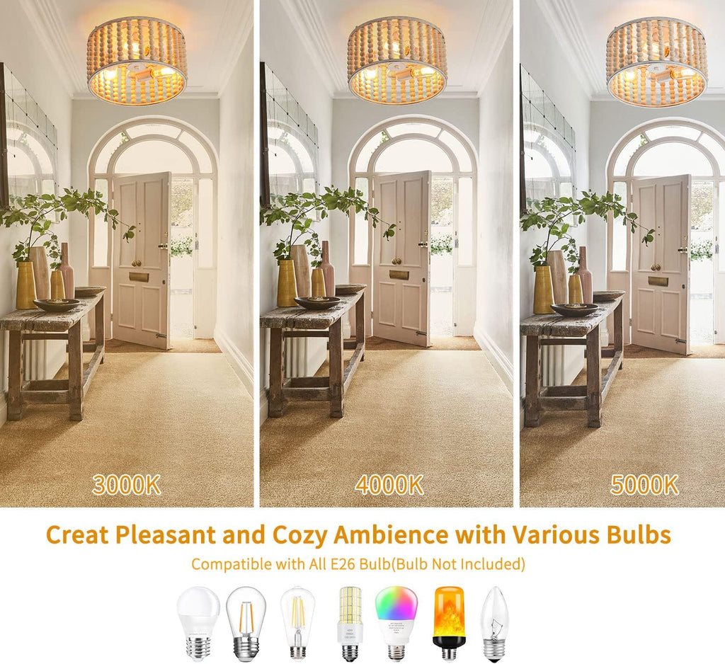 Wood Beaded Boho Chandelier Light Fixture, Semi Flush Mount Ceiling Light 3-Light Rustic Nursery Close to Ceiling Lights for Bedroom Kitchen, Living Room, Oak White, E26 Base