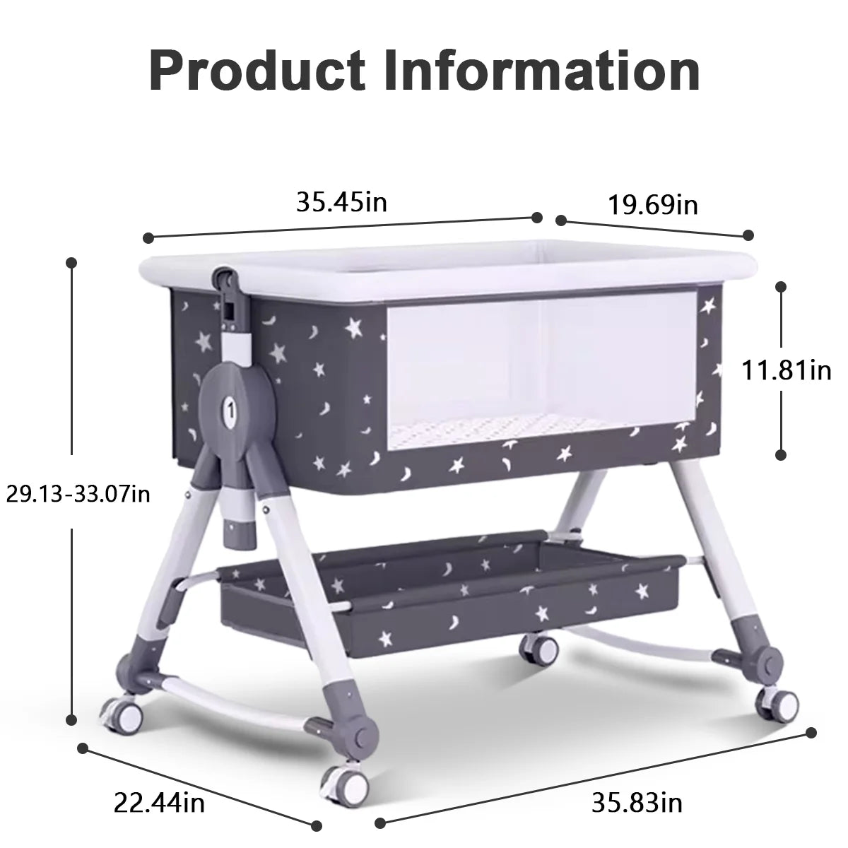 4-In-1 Bedside Bassinet, Adjustable Height, Black with Storage Basket