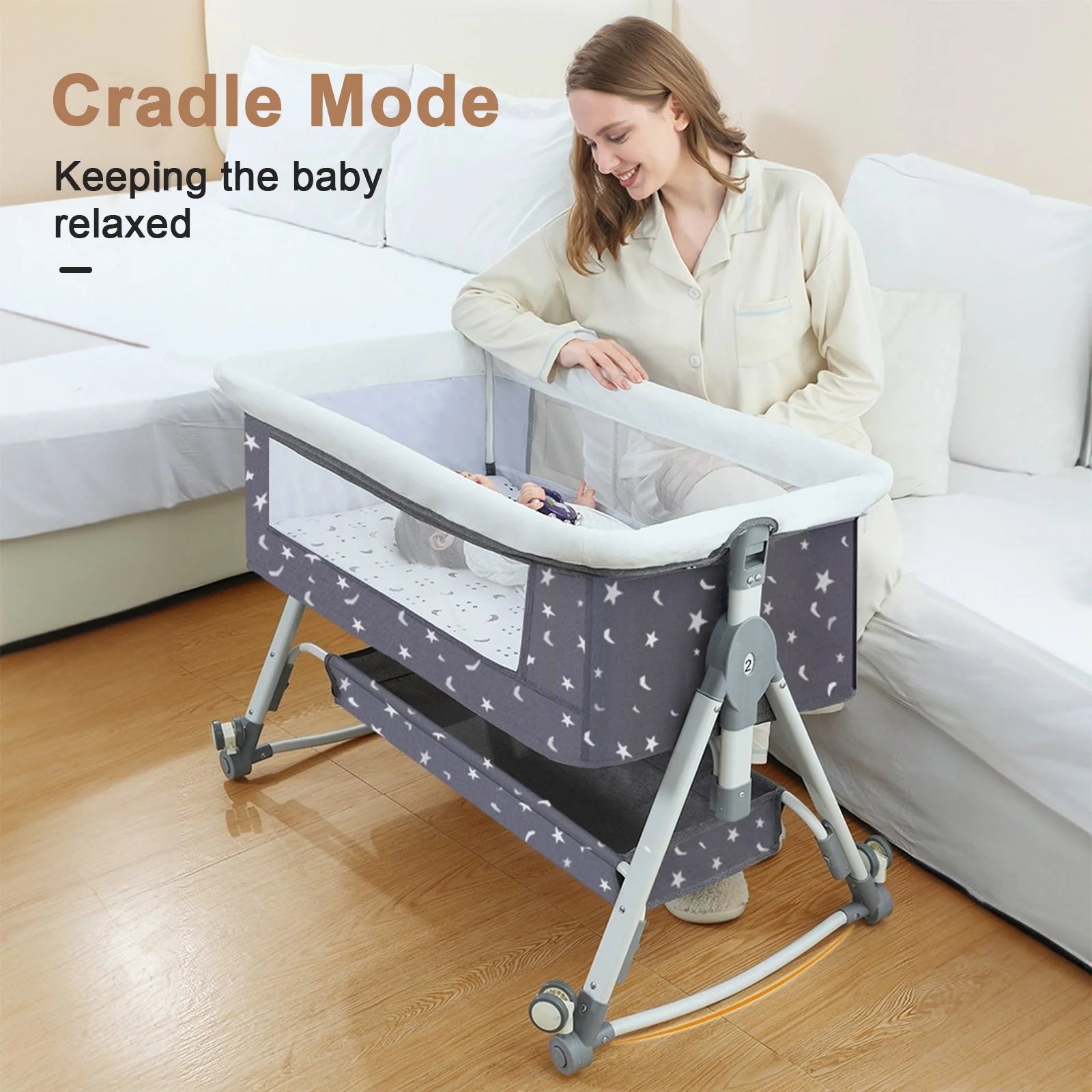 4-In-1 Bedside Bassinet, Adjustable Height, Black with Storage Basket