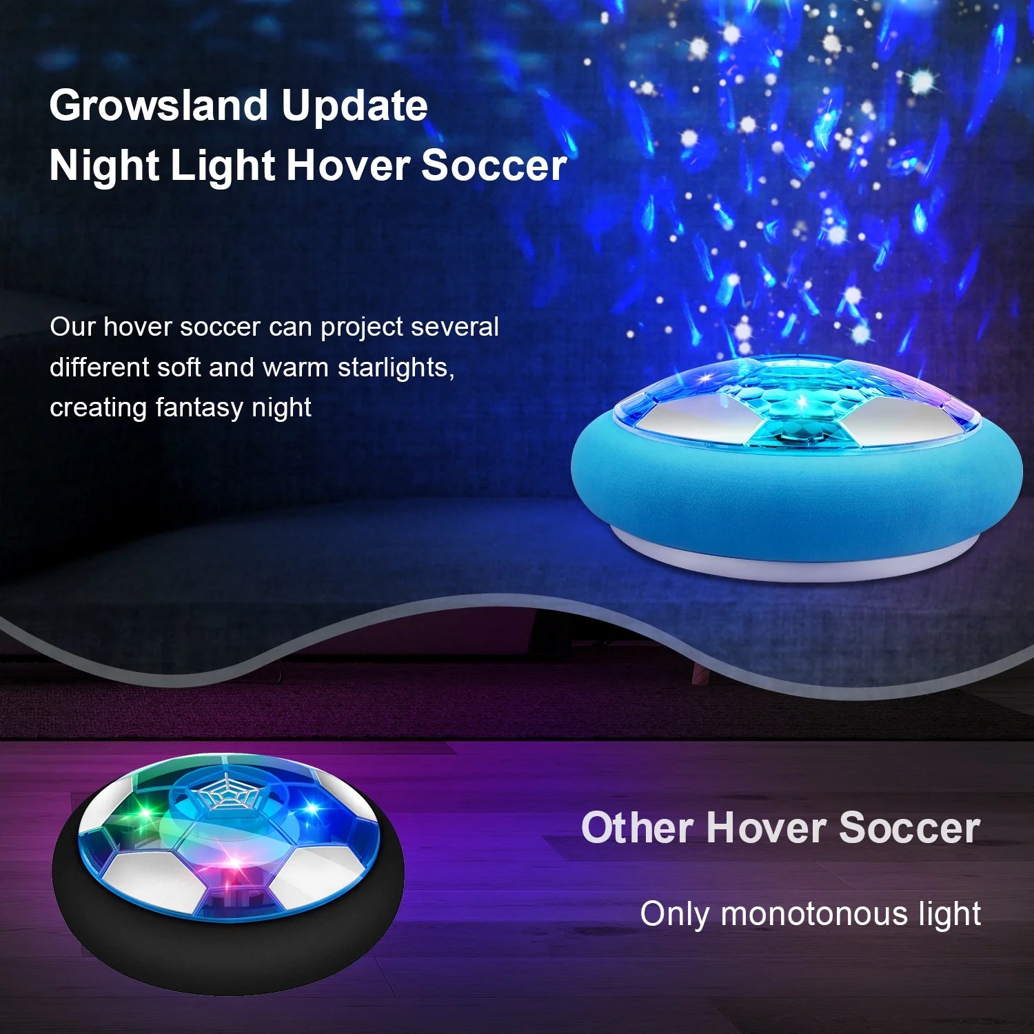 2 in 1 Starlight Hover Soccer Ball Set Sport Indoor Toys Projector Rechargeable Air for 3-10 Years Old Kids, Light Blue