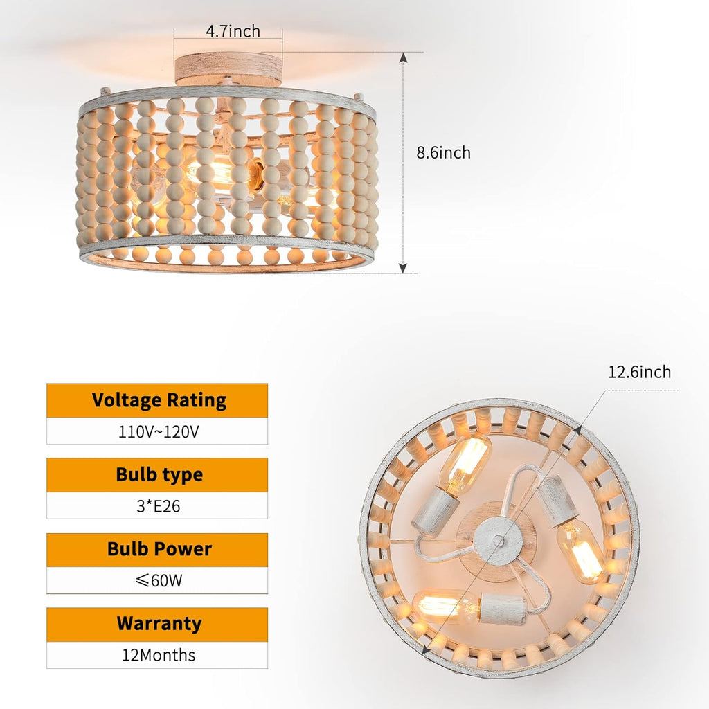 Wood Beaded Boho Chandelier Light Fixture, Semi Flush Mount Ceiling Light 3-Light Rustic Nursery Close to Ceiling Lights for Bedroom Kitchen, Living Room, Oak White, E26 Base