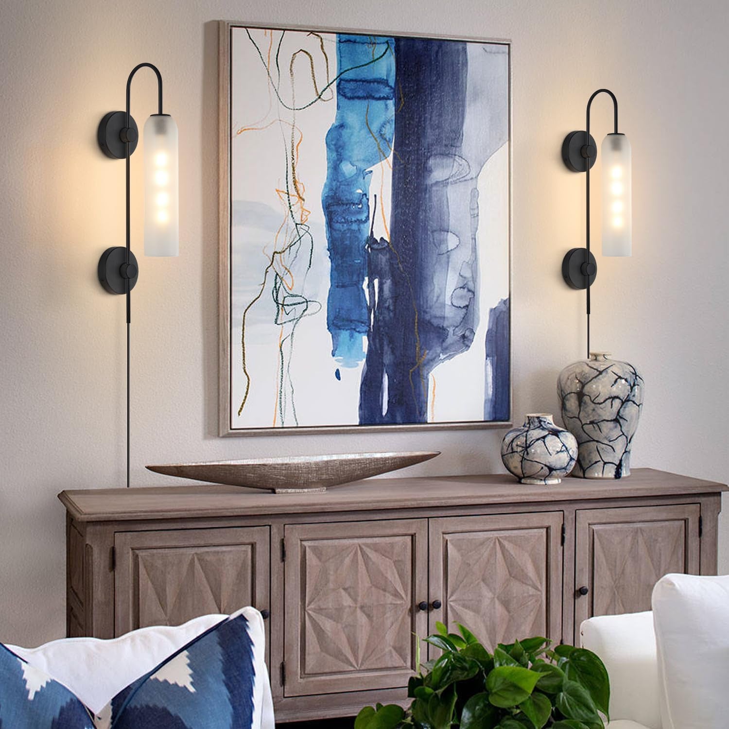 Black Wall Lights Plug in for Bedroom, Frosted Milky White Glass Wall Sconce Decor, Large Modern Wall Sconces for Living Room