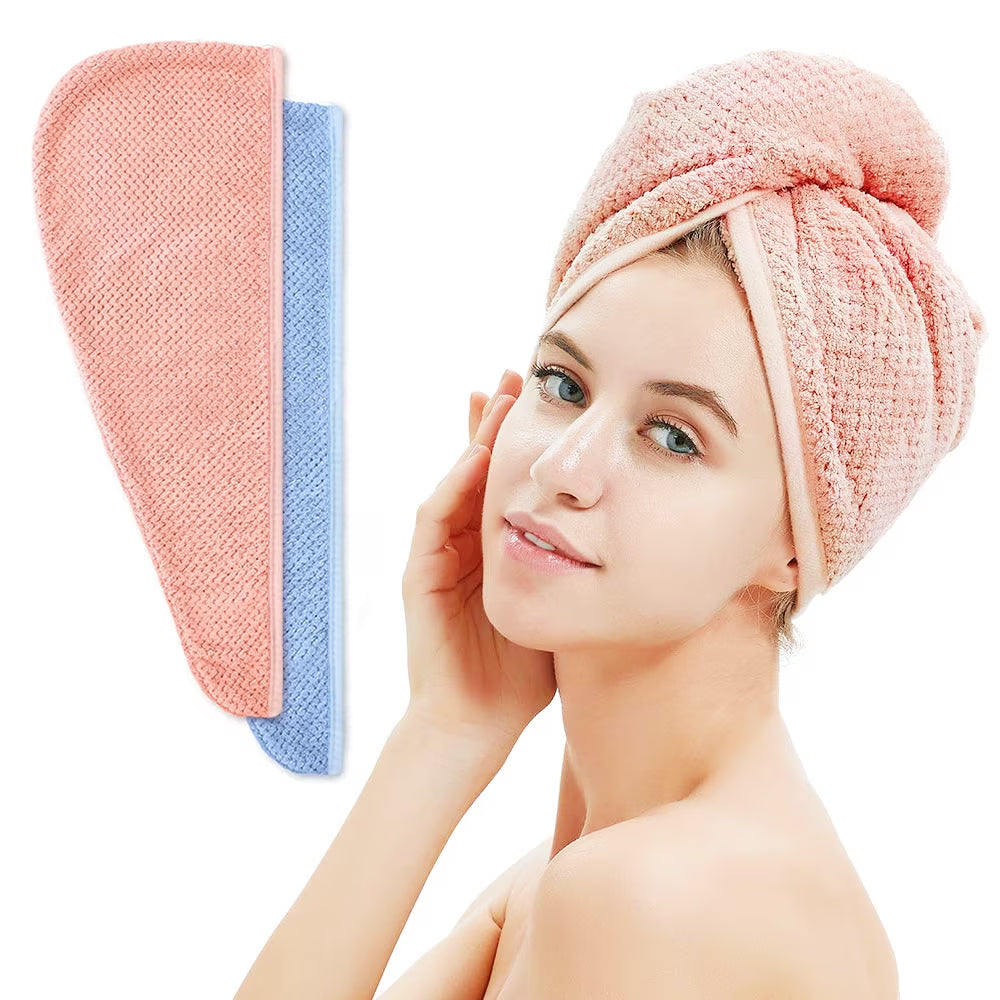 Microfiber Hair Towel Turban Wrap for Women 2 Pack Quick Dry Towels for Hair (Blue+Pink)