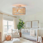 Wood Beaded Boho Chandelier Light Fixture, Semi Flush Mount Ceiling Light 3-Light Rustic Nursery Close to Ceiling Lights for Bedroom Kitchen, Living Room, Oak White, E26 Base