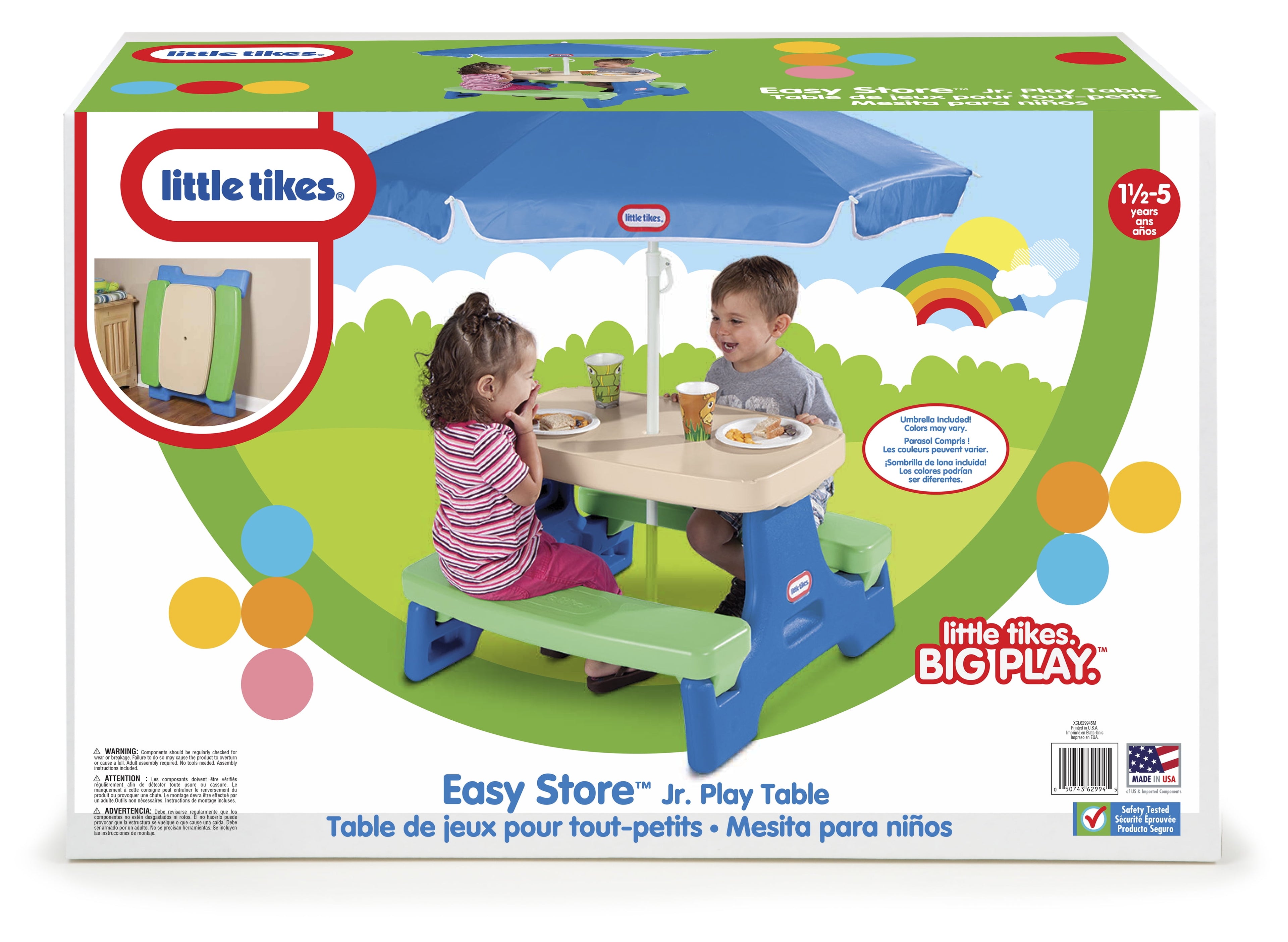 Outdoor Portable Kids Picnic Table with Umbrella, Blue Green, Ages 2+