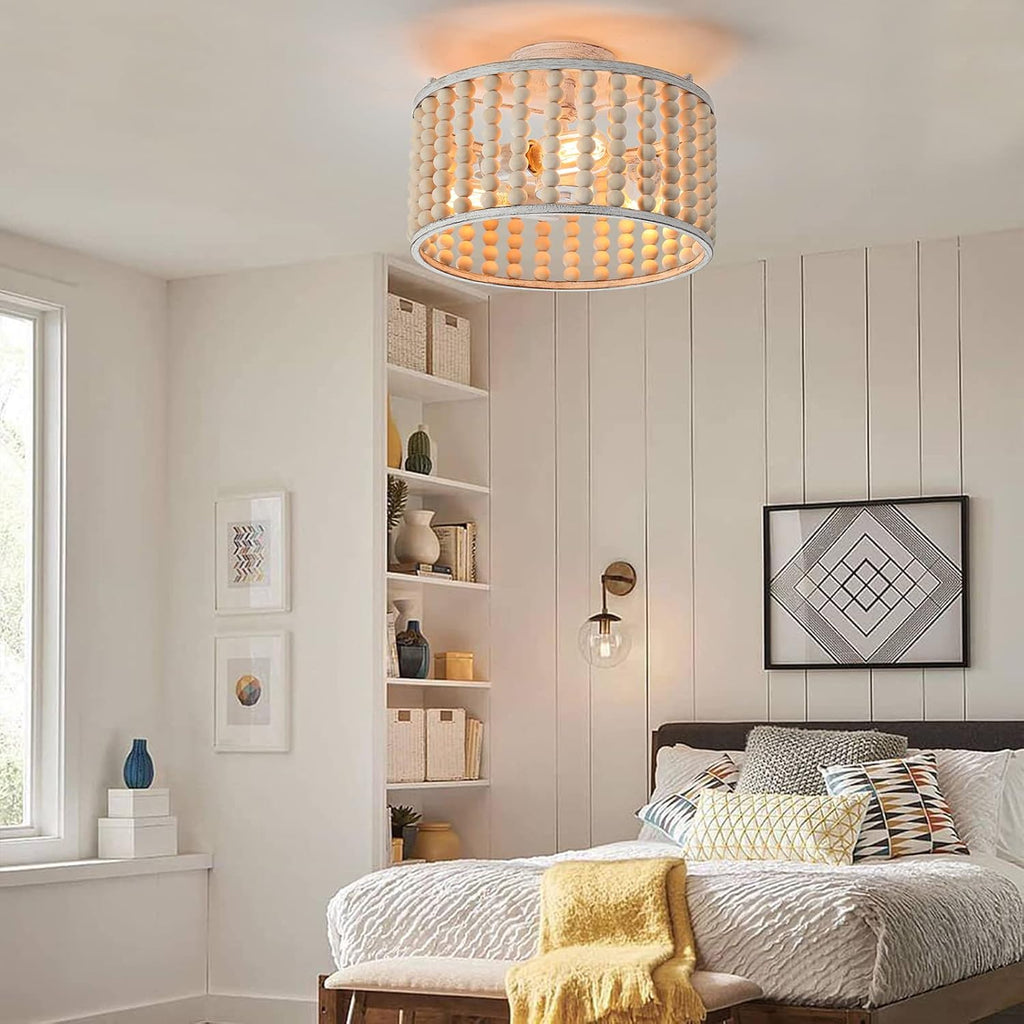 Wood Beaded Boho Chandelier Light Fixture, Semi Flush Mount Ceiling Light 3-Light Rustic Nursery Close to Ceiling Lights for Bedroom Kitchen, Living Room, Oak White, E26 Base
