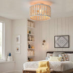 Wood Beaded Boho Chandelier Light Fixture, Semi Flush Mount Ceiling Light 3-Light Rustic Nursery Close to Ceiling Lights for Bedroom Kitchen, Living Room, Oak White, E26 Base