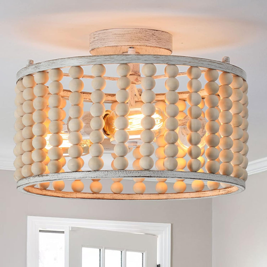 Wood Beaded Boho Chandelier Light Fixture, Semi Flush Mount Ceiling Light 3-Light Rustic Nursery Close to Ceiling Lights for Bedroom Kitchen, Living Room, Oak White, E26 Base