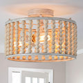 Wood Beaded Boho Chandelier Light Fixture, Semi Flush Mount Ceiling Light 3-Light Rustic Nursery Close to Ceiling Lights for Bedroom Kitchen, Living Room, Oak White, E26 Base