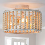 Wood Beaded Boho Chandelier Light Fixture, Semi Flush Mount Ceiling Light 3-Light Rustic Nursery Close to Ceiling Lights for Bedroom Kitchen, Living Room, Oak White, E26 Base