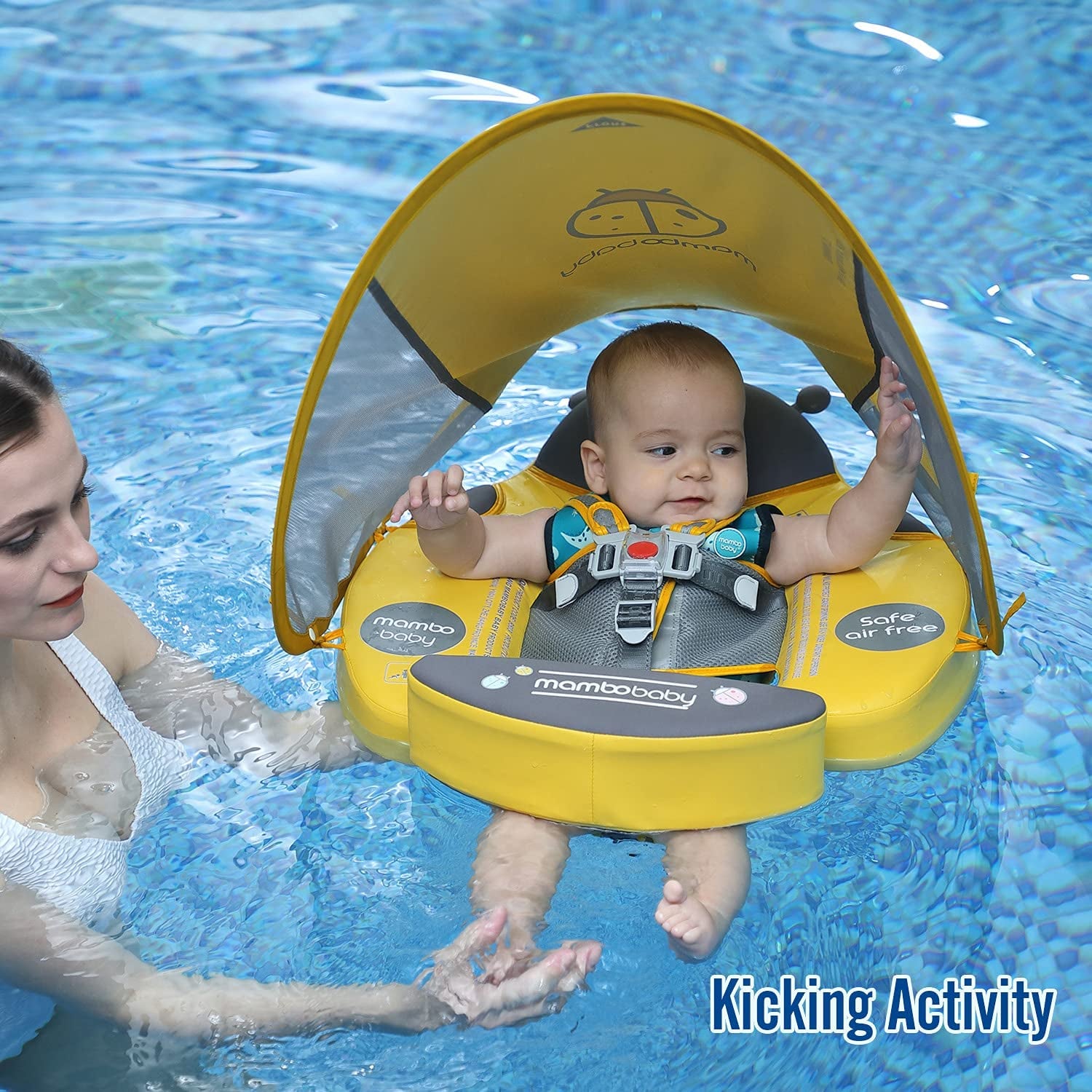 Upgraded Baby Float Non-Inflatable baby Swim Ring, Infant Soft Solid Swimming Trainer, Baby Pool Float with Removable UPF 50+ UV Sun Protection Canopy (Pink Ladybug)