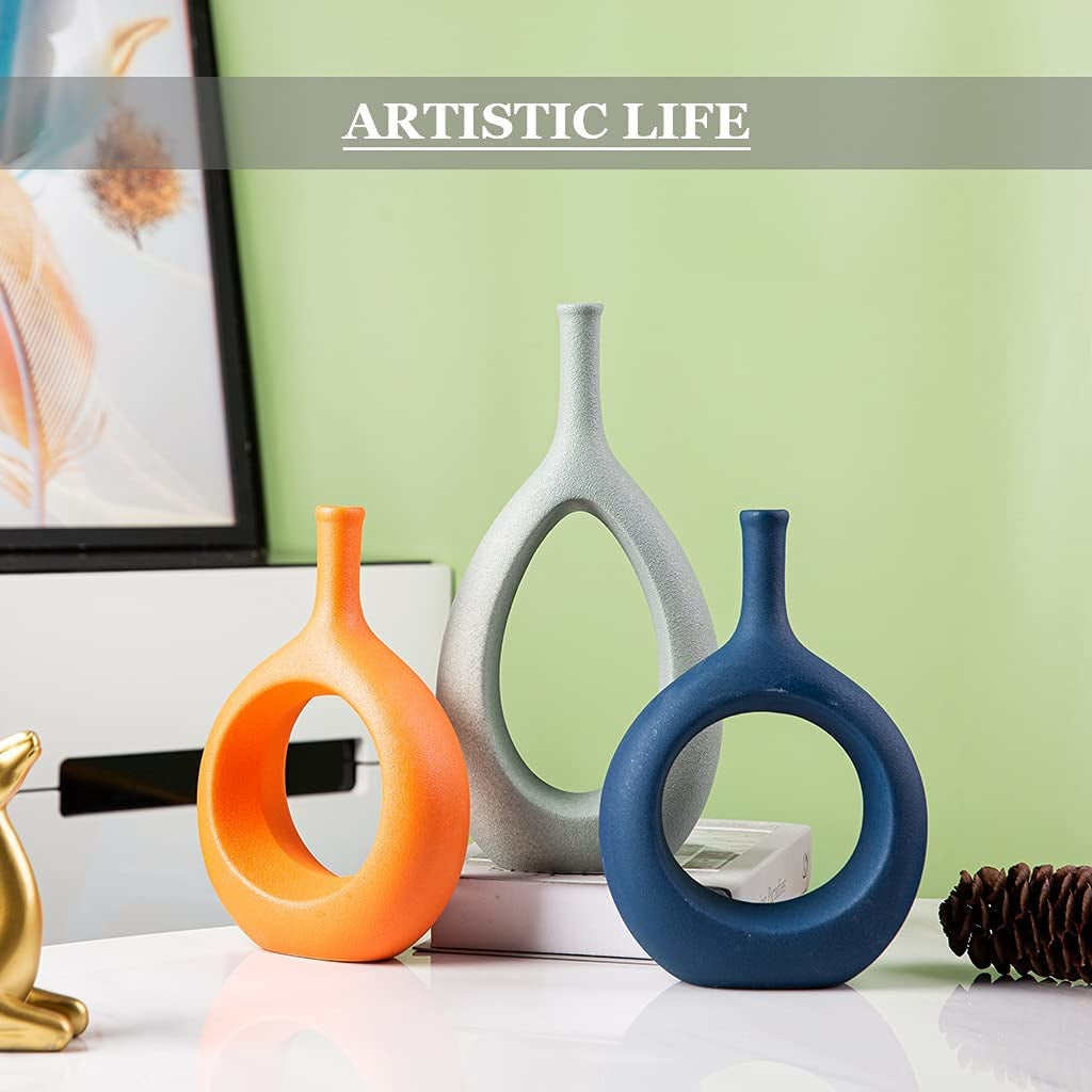 Ceramic Oval Geometric Vase, White, 11"