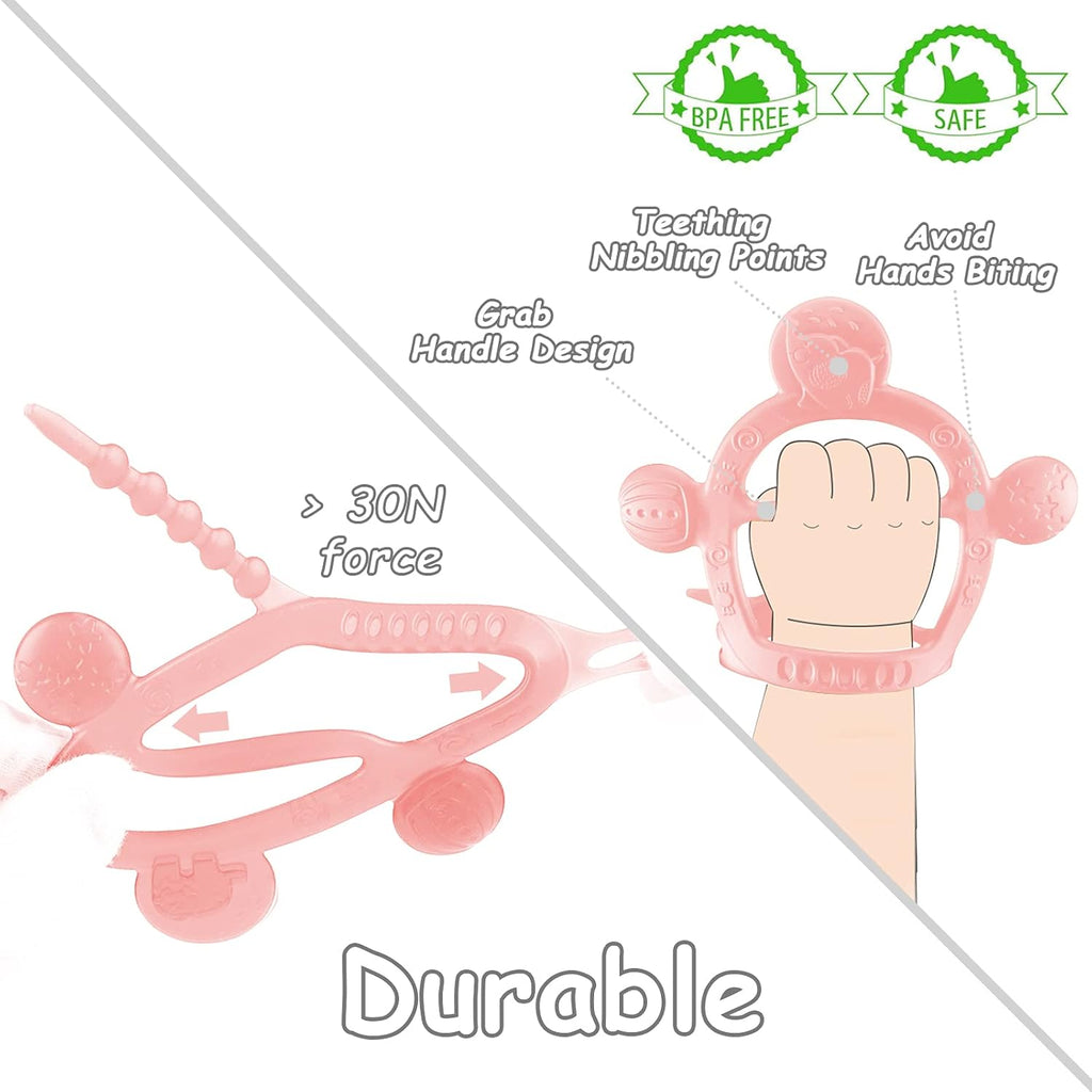 【Never Drop from Hand】 HEORSHE Baby Teething Toys for 1 Year Old Baby Girl Teethers for Infants Toddlers Silicone Molars Adjustable Chew Toys for Babies 3 4 5 6 7 8 9 10 11 12 Months (Pink)