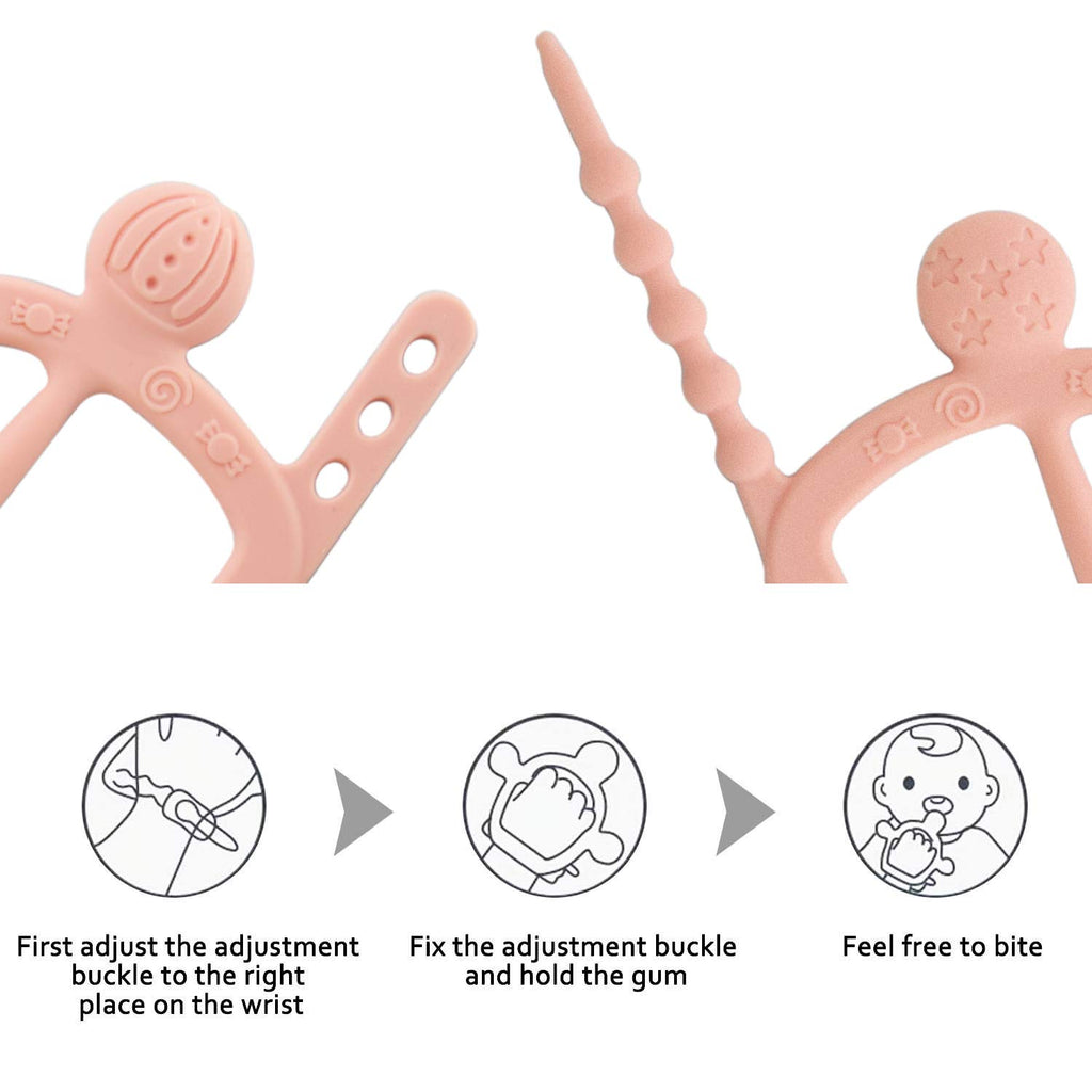 【Never Drop from Hand】 HEORSHE Baby Teething Toys for 1 Year Old Baby Girl Teethers for Infants Toddlers Silicone Molars Adjustable Chew Toys for Babies 3 4 5 6 7 8 9 10 11 12 Months (Pink)