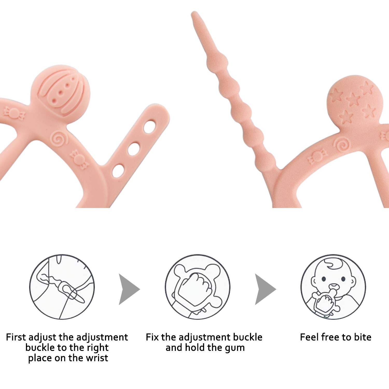 【Never Drop from Hand】 HEORSHE Baby Teething Toys for 1 Year Old Baby Girl Teethers for Infants Toddlers Silicone Molars Adjustable Chew Toys for Babies 3 4 5 6 7 8 9 10 11 12 Months (Pink)