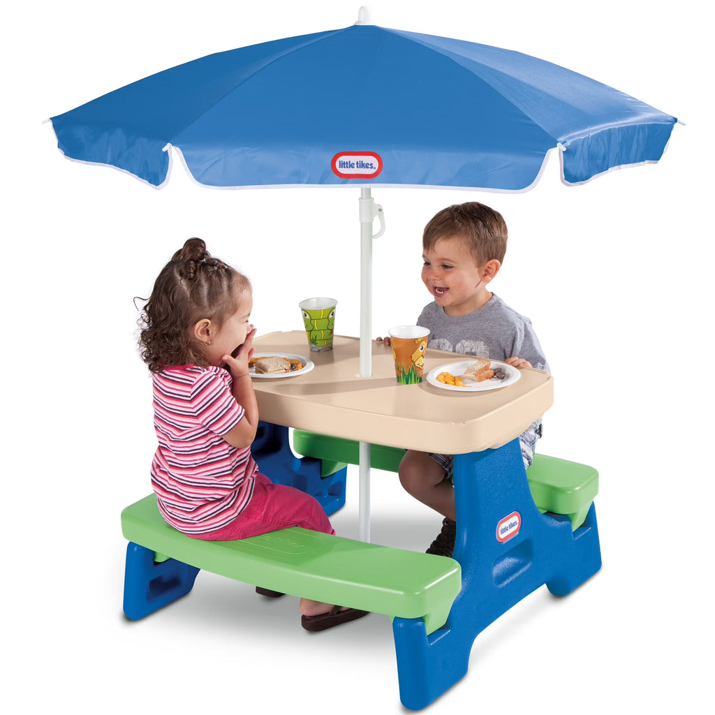 Outdoor Portable Kids Picnic Table with Umbrella, Blue Green, Ages 2+