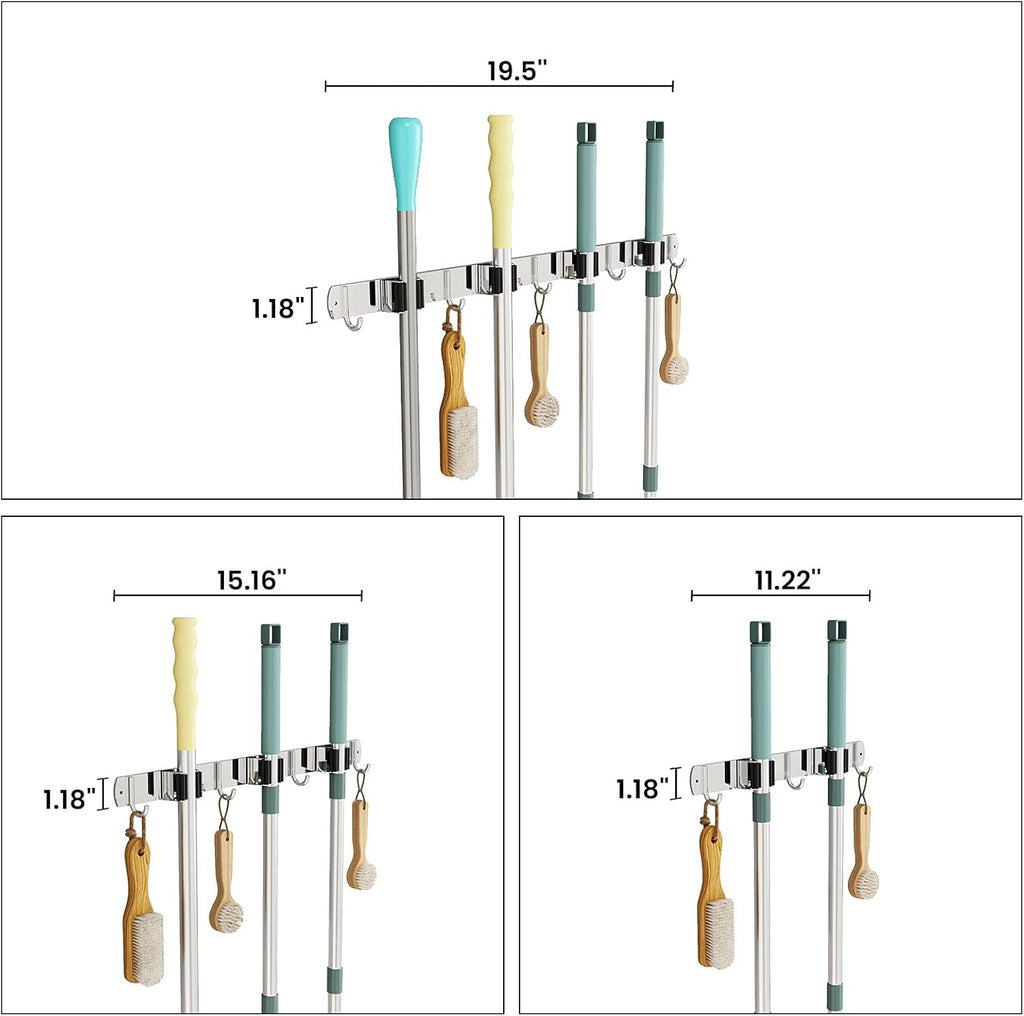 Mop Broom Holder Wall Mounted, Heavy Duty Broom Holder Garage Organization Stainless Steel Broom Hanger Wall Mounted, Broom Rack Wall Mount for Kitchen, Corridor, Laundry, Bathroom (2 Racks, 3 Hooks)