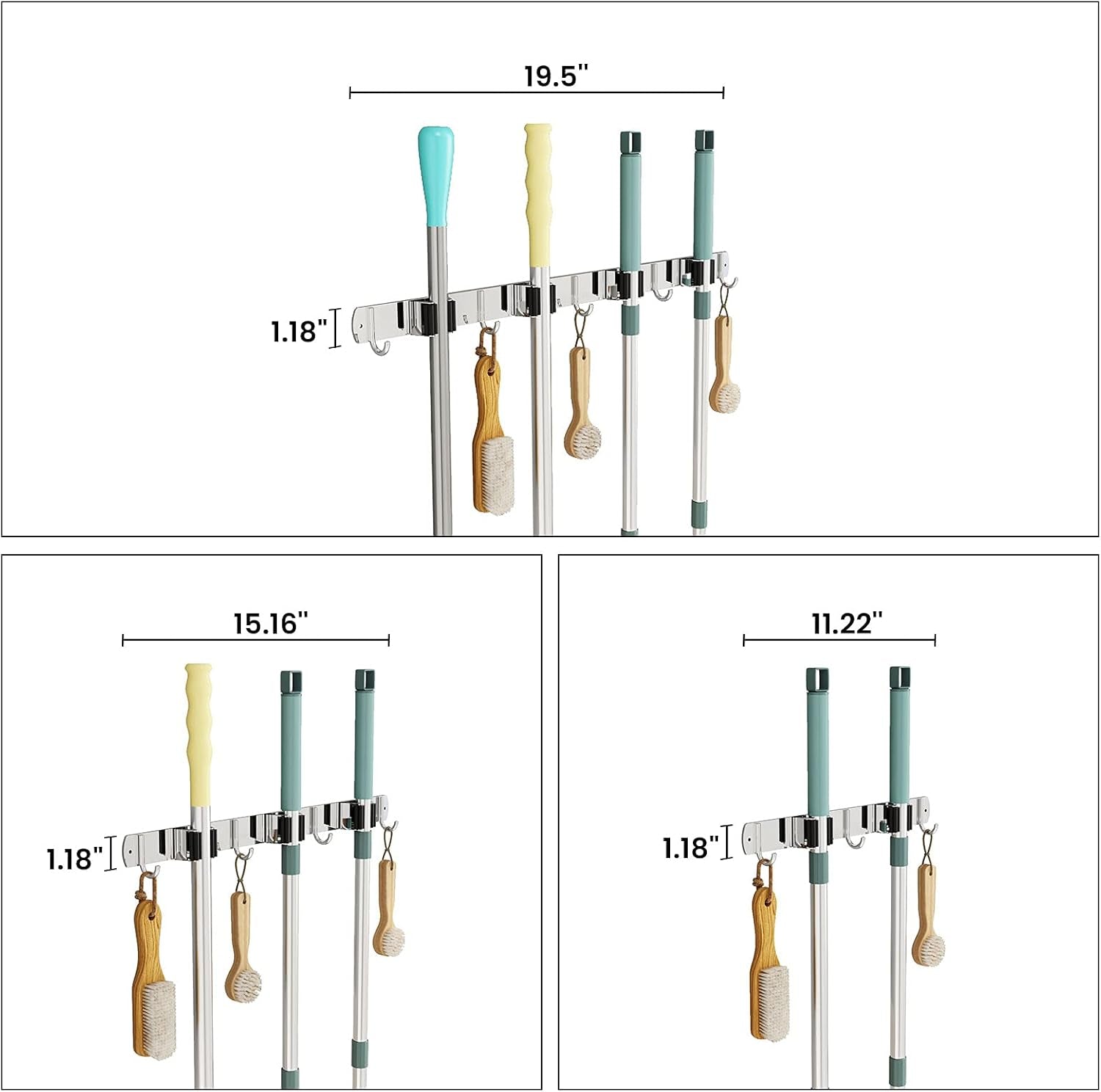Mop Broom Holder Wall Mounted, Heavy Duty Broom Holder Garage Organization Stainless Steel Broom Hanger Wall Mounted, Broom Rack Wall Mount for Kitchen, Corridor, Laundry, Bathroom (2 Racks, 3 Hooks)