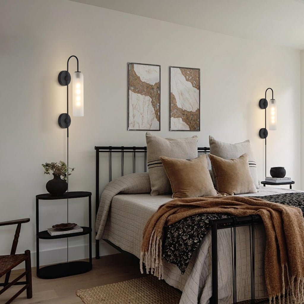 Black Wall Lights Plug in for Bedroom, Frosted Milky White Glass Wall Sconce Decor, Large Modern Wall Sconces for Living Room