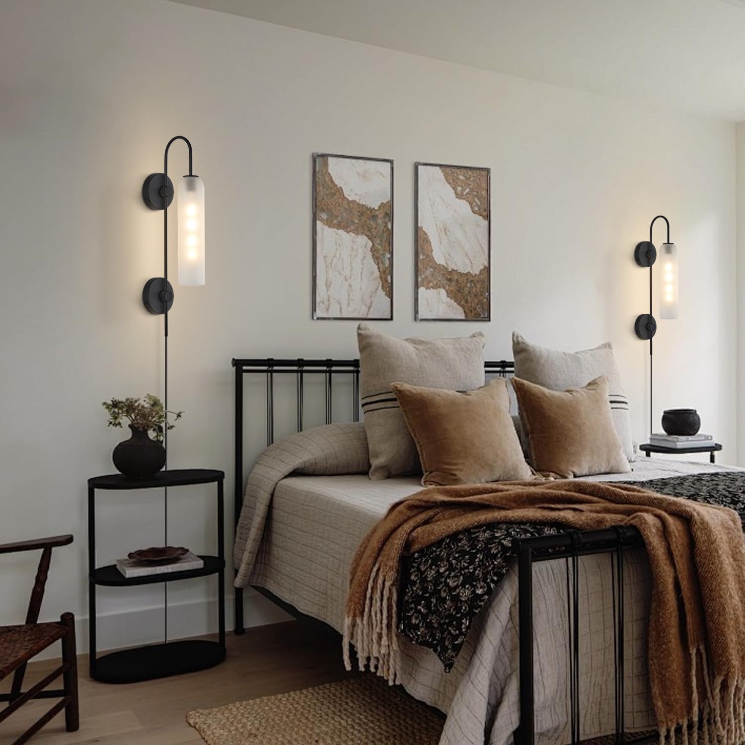 Black Wall Lights Plug in for Bedroom, Frosted Milky White Glass Wall Sconce Decor, Large Modern Wall Sconces for Living Room