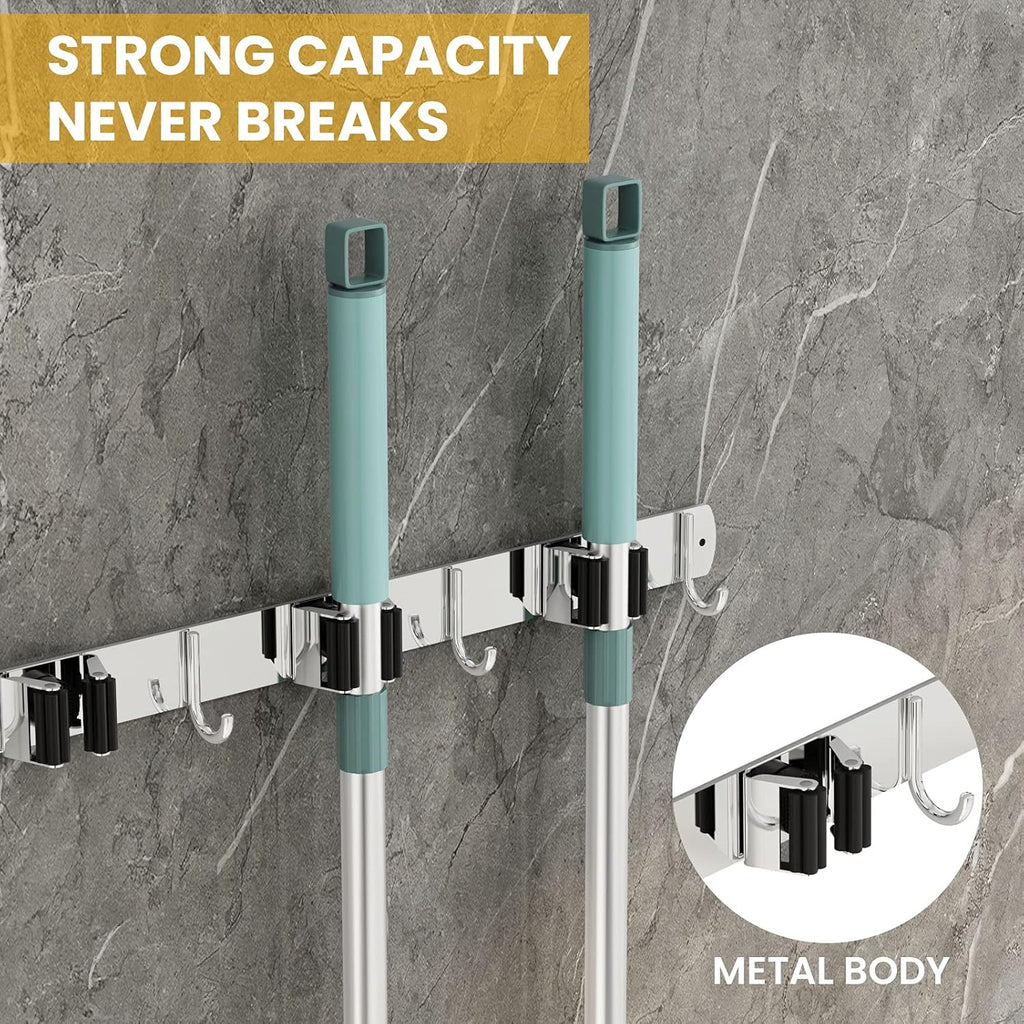 Mop Broom Holder Wall Mounted, Heavy Duty Broom Holder Garage Organization Stainless Steel Broom Hanger Wall Mounted, Broom Rack Wall Mount for Kitchen, Corridor, Laundry, Bathroom (2 Racks, 3 Hooks)