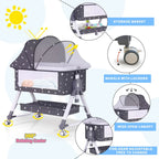 4-In-1 Bedside Bassinet, Adjustable Height, Black with Storage Basket