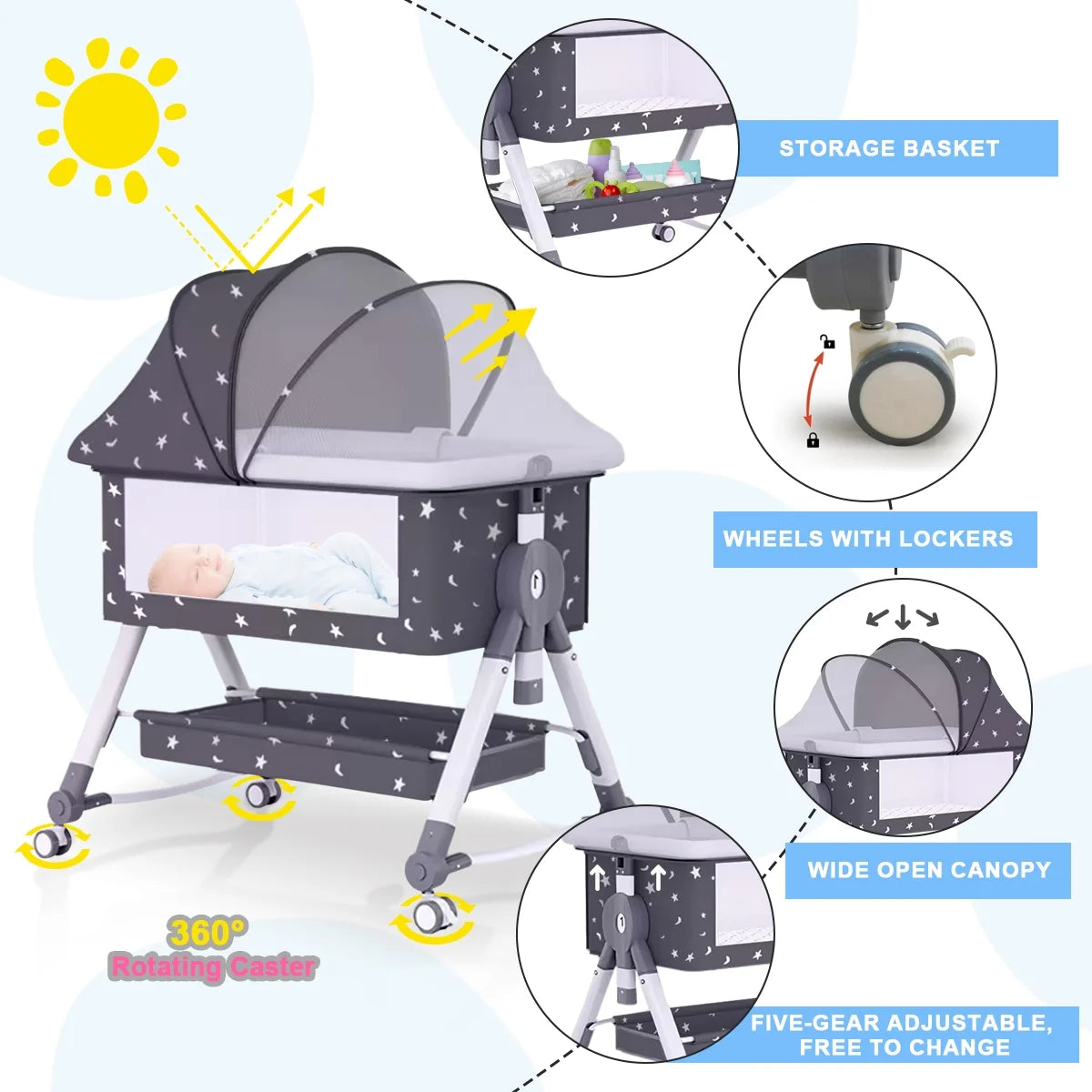 4-In-1 Bedside Bassinet, Adjustable Height, Black with Storage Basket
