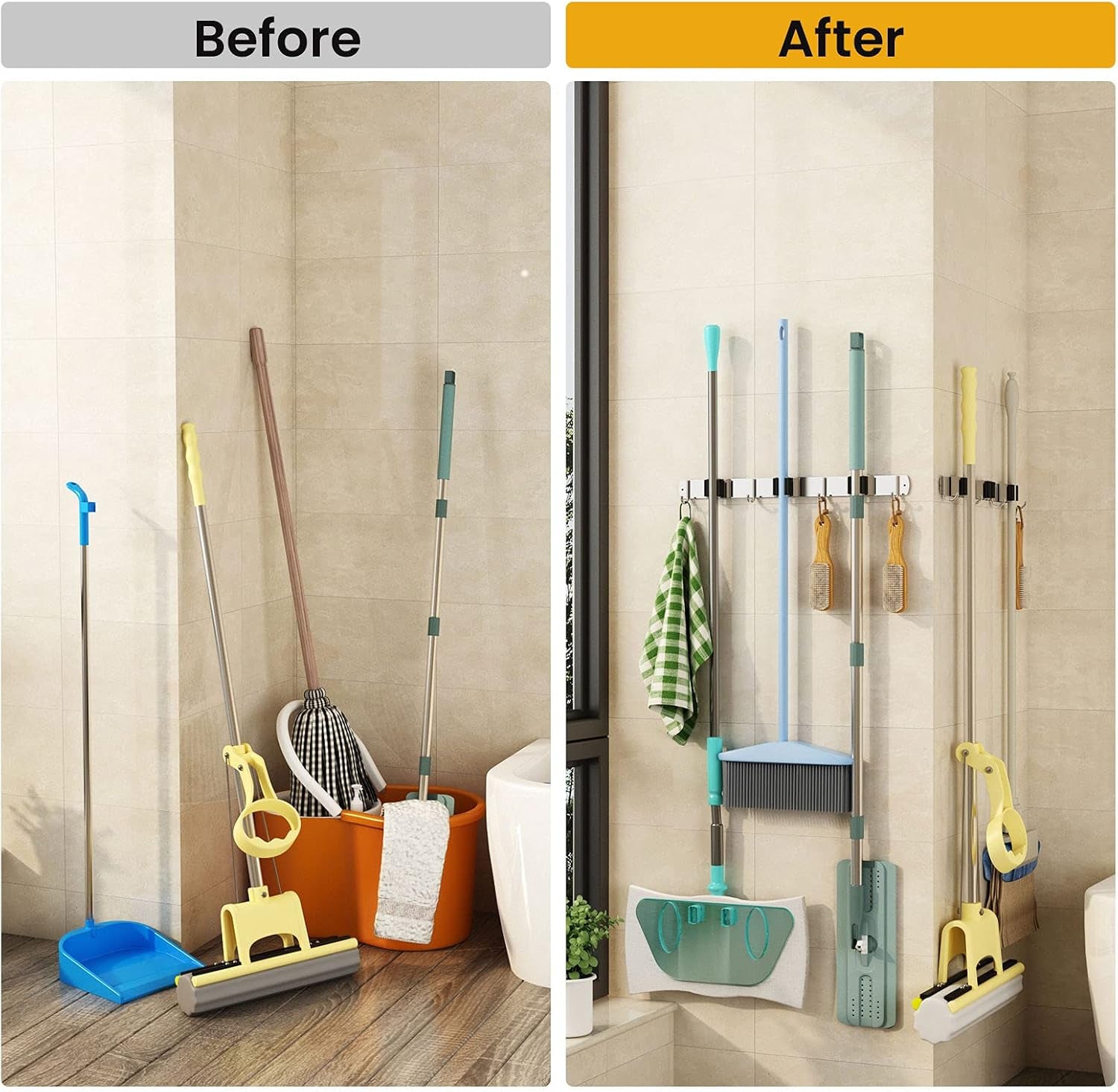 Mop Broom Holder Wall Mounted, Heavy Duty Broom Holder Garage Organization Stainless Steel Broom Hanger Wall Mounted, Broom Rack Wall Mount for Kitchen, Corridor, Laundry, Bathroom (2 Racks, 3 Hooks)