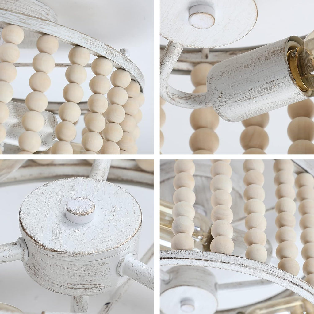 Wood Beaded Boho Chandelier Light Fixture, Semi Flush Mount Ceiling Light 3-Light Rustic Nursery Close to Ceiling Lights for Bedroom Kitchen, Living Room, Oak White, E26 Base