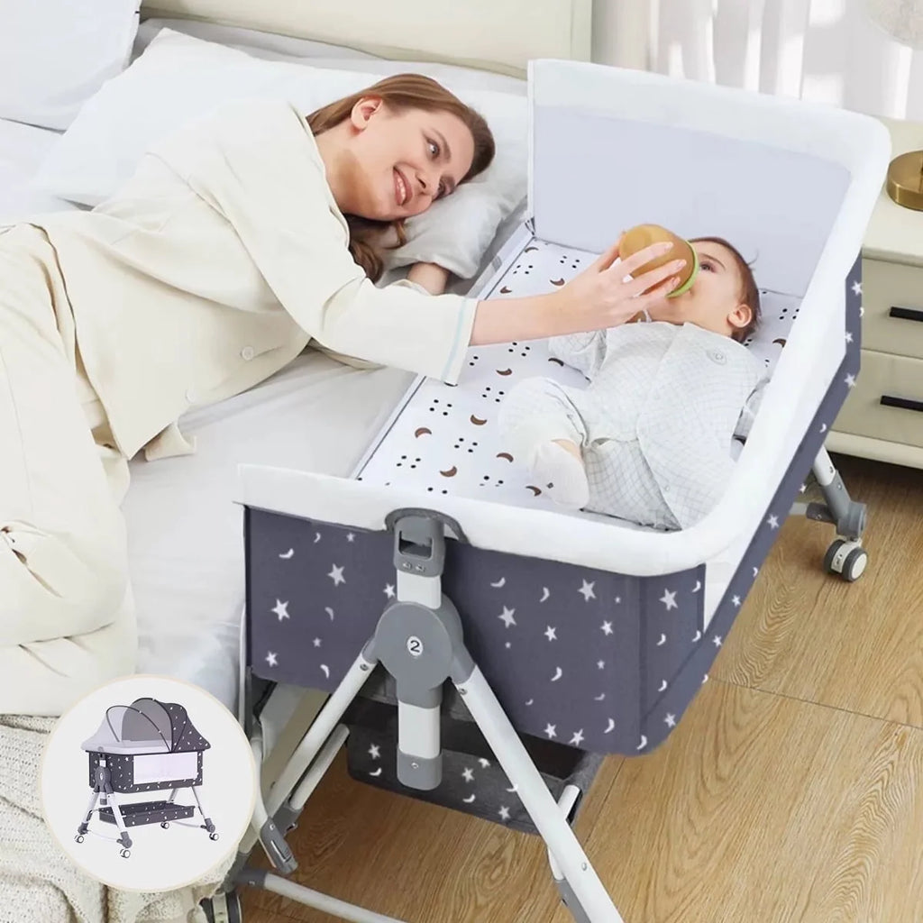 4-In-1 Bedside Bassinet, Adjustable Height, Black with Storage Basket