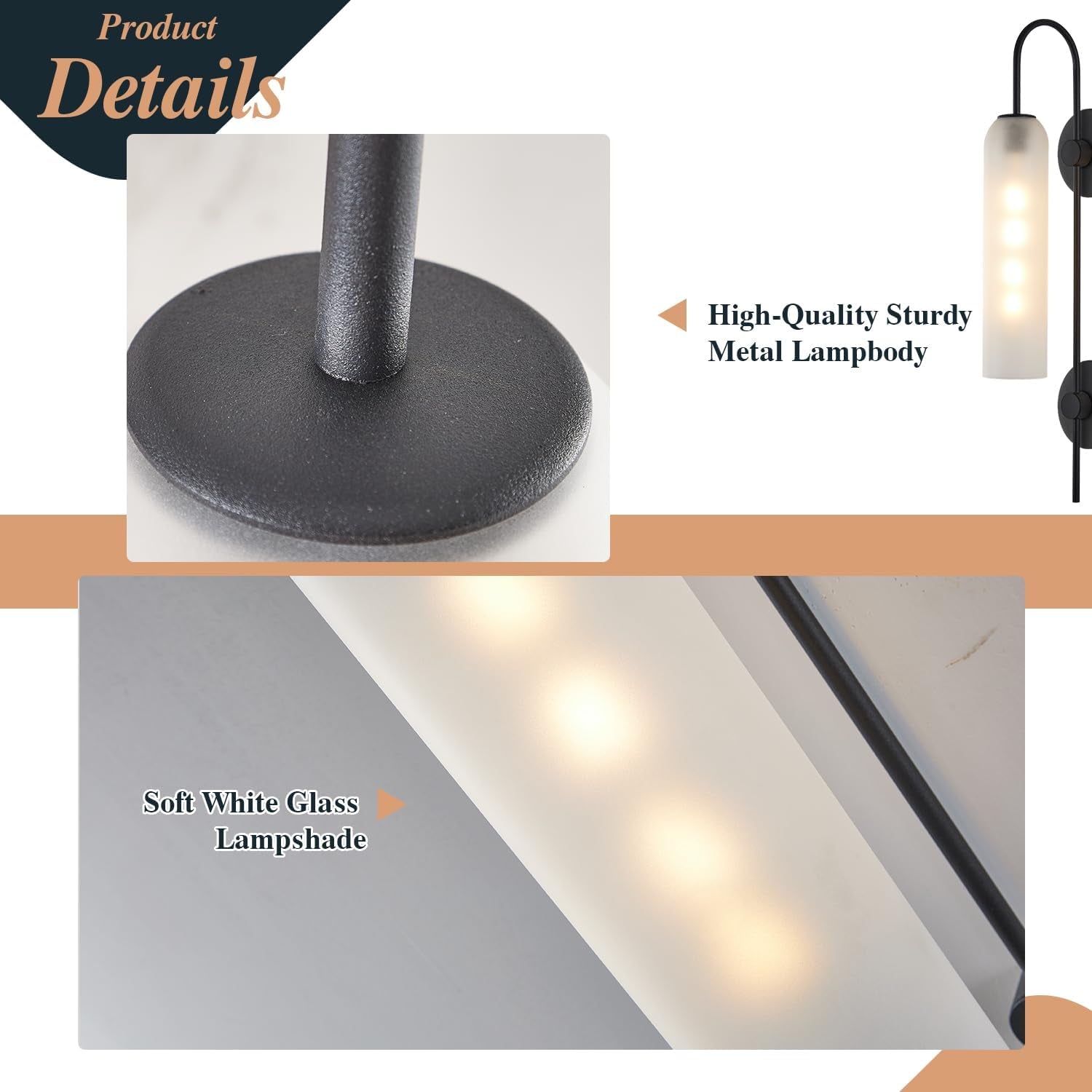 Black Wall Lights Plug in for Bedroom, Frosted Milky White Glass Wall Sconce Decor, Large Modern Wall Sconces for Living Room