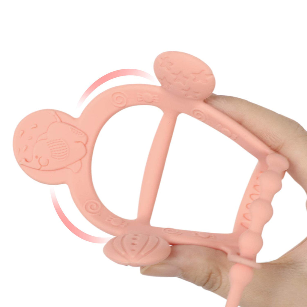 【Never Drop from Hand】 HEORSHE Baby Teething Toys for 1 Year Old Baby Girl Teethers for Infants Toddlers Silicone Molars Adjustable Chew Toys for Babies 3 4 5 6 7 8 9 10 11 12 Months (Pink)