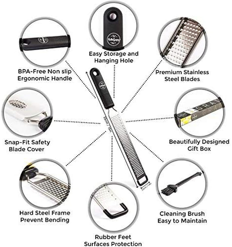 Lemon Zester & Cheese Grater, Professional Zesting Tool for Parmesan, Citrus, Ginger, Nutmeg, Garlic, Chocolate, Fruits, Razor-Sharp Stainless Steel Blade Protective Cover, Dishwasher Save