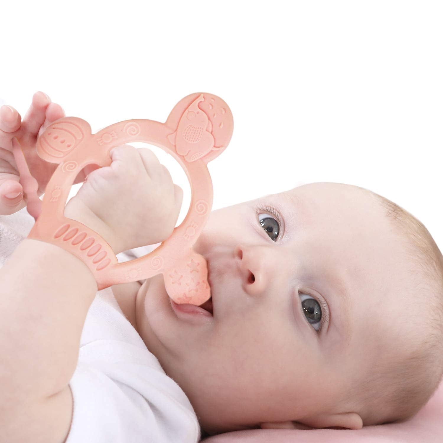 【Never Drop from Hand】 HEORSHE Baby Teething Toys for 1 Year Old Baby Girl Teethers for Infants Toddlers Silicone Molars Adjustable Chew Toys for Babies 3 4 5 6 7 8 9 10 11 12 Months (Pink)