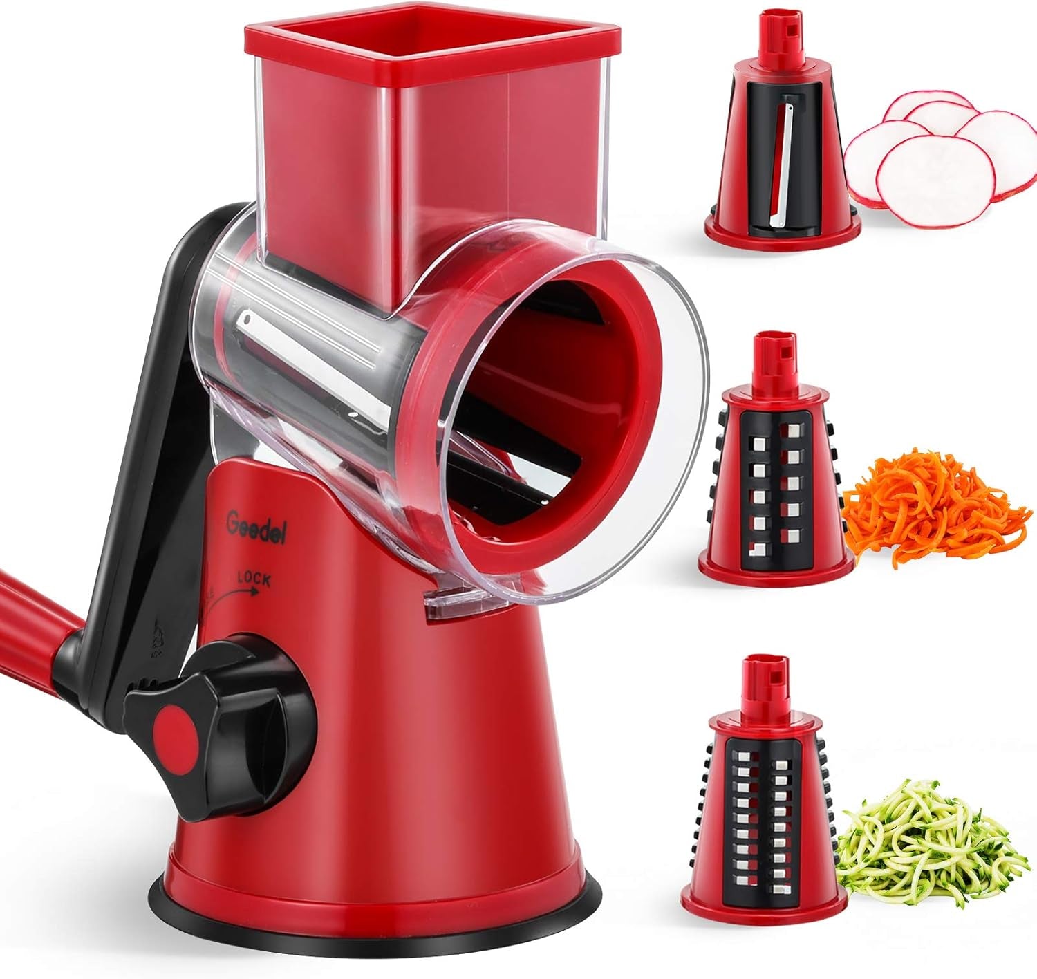 Rotary Mandoline Slicer, 3-In-1 Vegetable and Cheese Grater, Red, ABS Material, Easy to Clean and Store